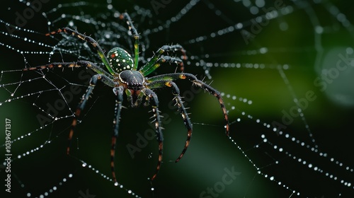  A tight shot of a spider, adorned with water beads on its back, against a verdant background