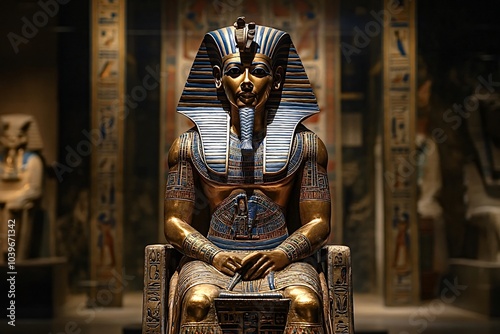 Golden statue of tutankhamun sitting on a throne in a museum, surrounded by ancient egyptian artifacts. The statue is illuminated by a warm light, creating a sense of awe and wonder