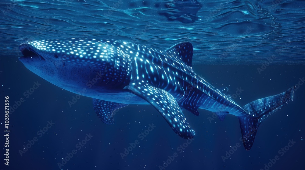 Giant Whale Shark with spot patterns in blue ocean Giant Whale Shark with spot patterns in blue ocean