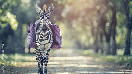 happy zebra wearing a small purple backpack going to school photo