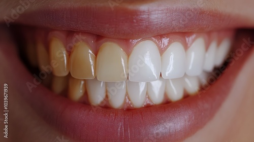 Step-by-step teeth whitening transformation, showing discoloration fading over time, revealing a bright smile in the final frame, Realistic, Smooth Transition, Bright Background