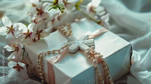 Beautifully wrapped gift for the first communion rosary and floral decorations