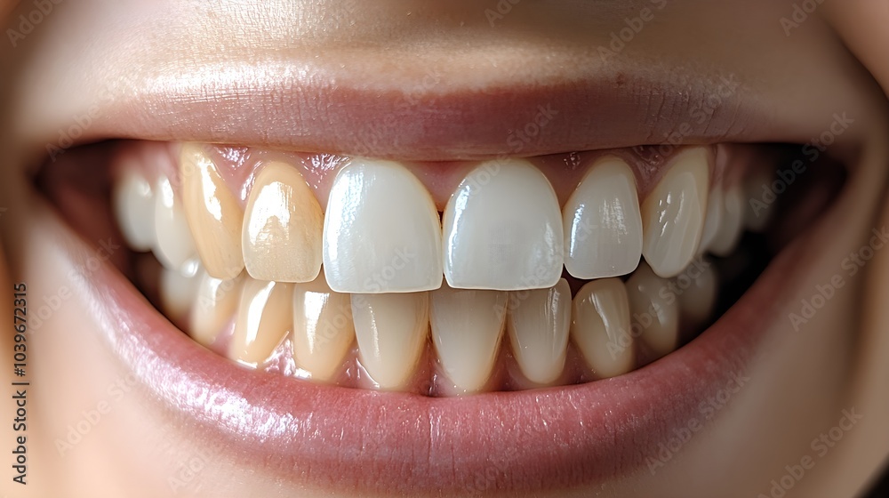 Fototapeta premium Social media post showing immediate teeth whitening results, featuring stained teeth on the left and a glowing, white smile on the right after in-office treatment