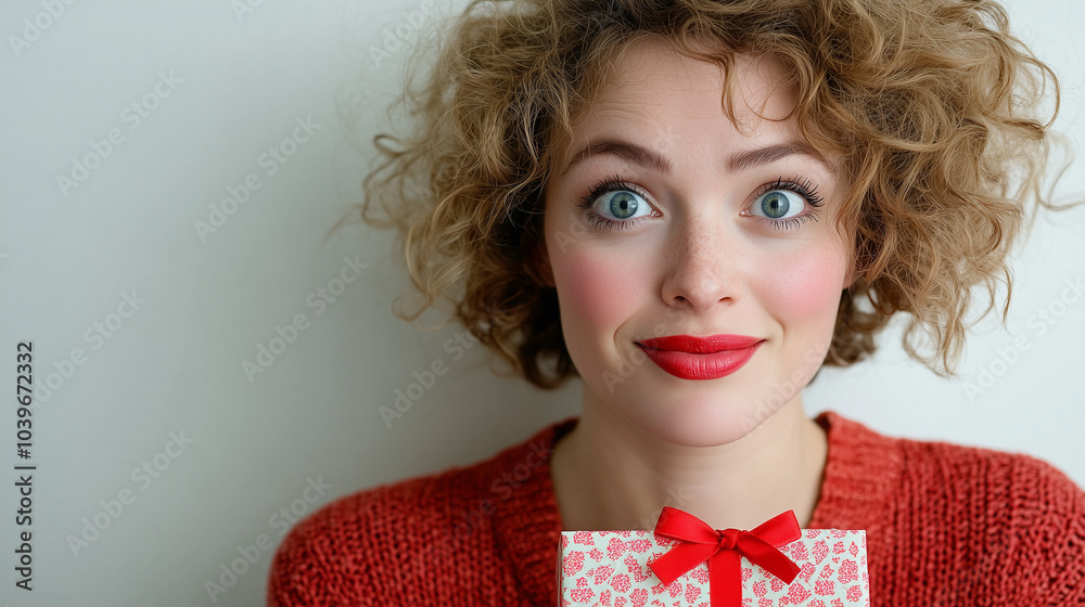 Portrait of a curly beautiful woman holding a Christmas gift box. Portrait of a curly beautiful woman holding a Christmas gift box.