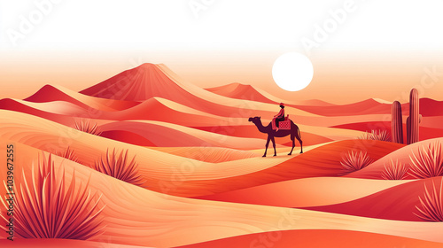 Person riding camel crossing hot red desert at sunset