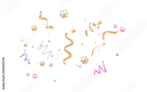 Golden confetti and floating firecracker, gold ribbons and twinkles for congratulation, 3d rendering.
