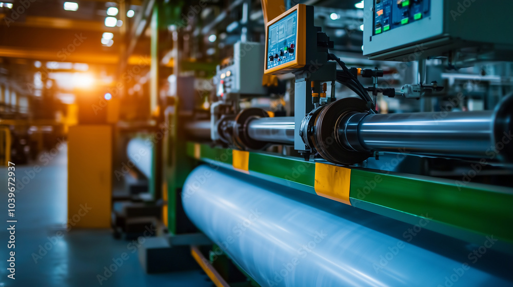 Industrial machines extruding wide sheets of polyethylene film, with pipes and digital control panels in the background, emphasizing high-efficiency production technology. Industrial machines extruding wide sheets of polyethylene film, with pipes and digital control panels in the background, emphasizing high-efficiency production technology.