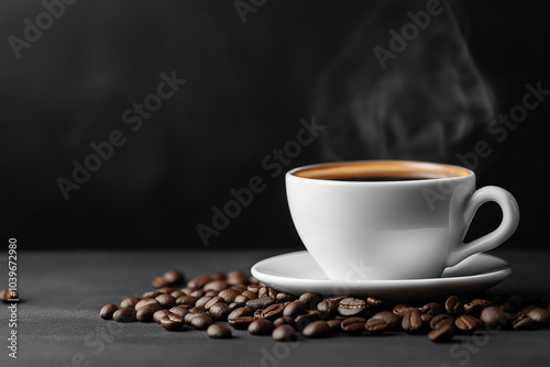 Steaming Cup of Coffee with Coffee Beans on Black Background