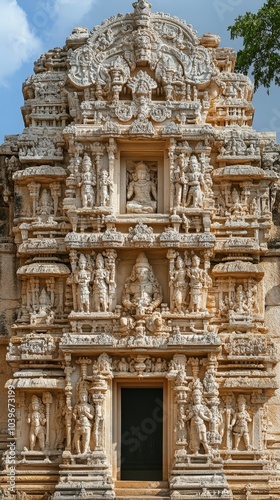 Intricate temple facade showcasing detailed carvings and sculptures, a testament to architectural mastery and cultural heritage.