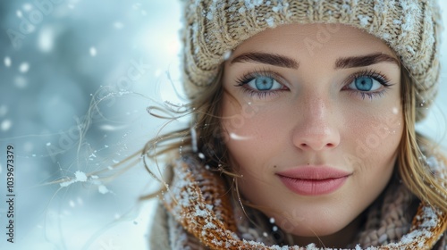 A woman with blue eyes and a white hat is standing in the snow