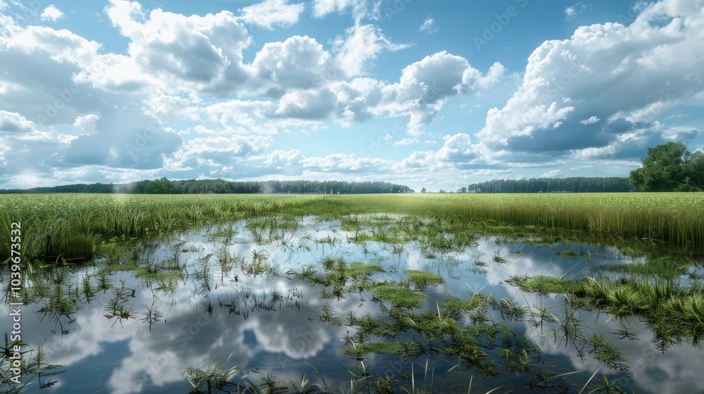 Cultivated field flooded after heavy rains sky reflection