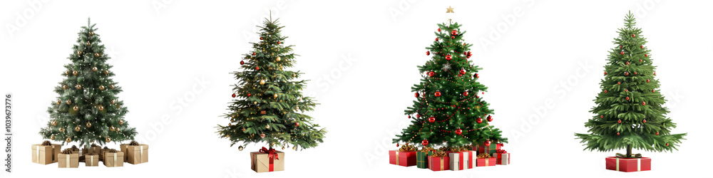 Collection of Christmas trees with gift boxes isolated on transparent or white background Collection of Christmas trees with gift boxes isolated on transparent or white background