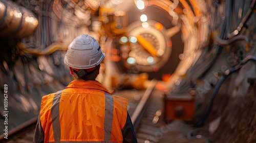 Construction worker looking at tunnel boring machine cutter head photo