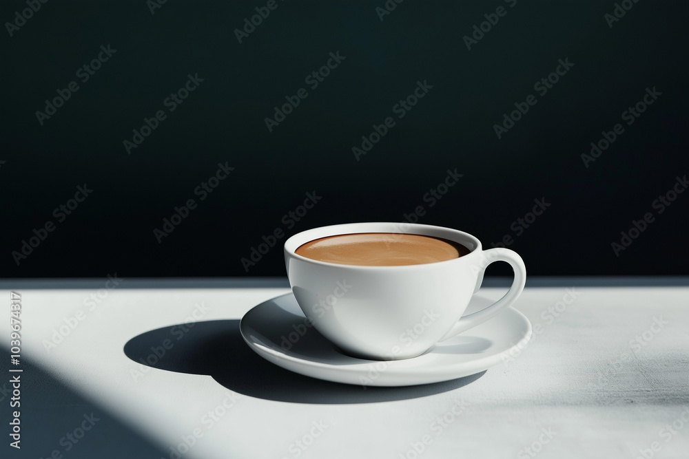 White Coffee Cup with Saucer on White Table with Shadow White Coffee Cup with Saucer on White Table with Shadow