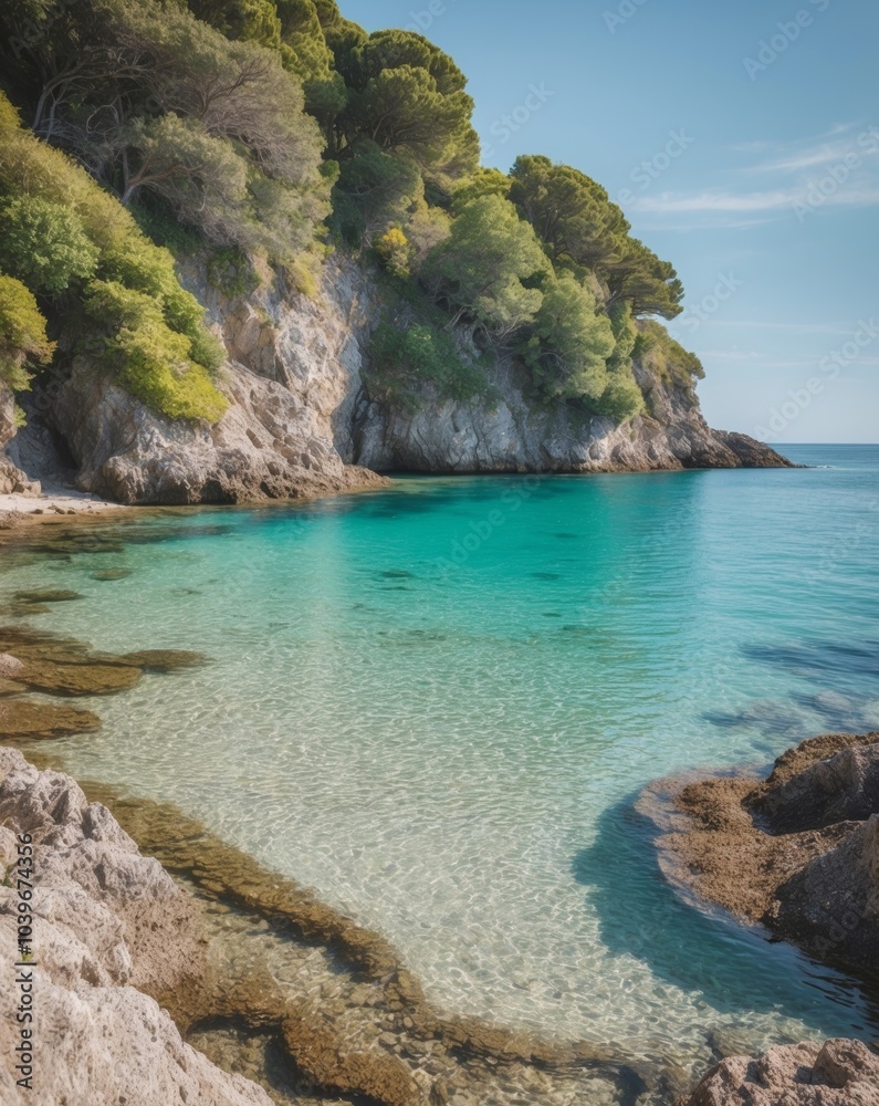 Secluded Cove with Crystal Clear Water and Lush Greenery. Secluded Cove with Crystal Clear Water and Lush Greenery.