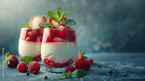 Panna cotta with strawberry in a glass jars decorated with fresh berries and mint Traditional Italian sweet dessert Strawberry creamy dessert panna cotta photo