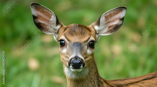  A deceir's face up close against a backdrop of grass Foreground presents a blurred depiction of grass