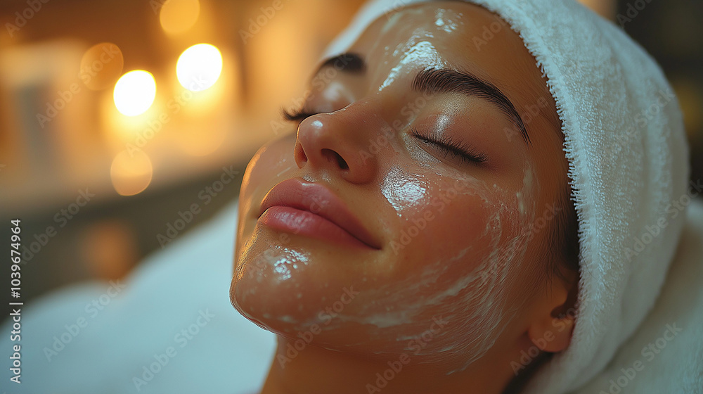 Beautiful young Caucasian woman with a natural facial mask on her face lying on the massage table.