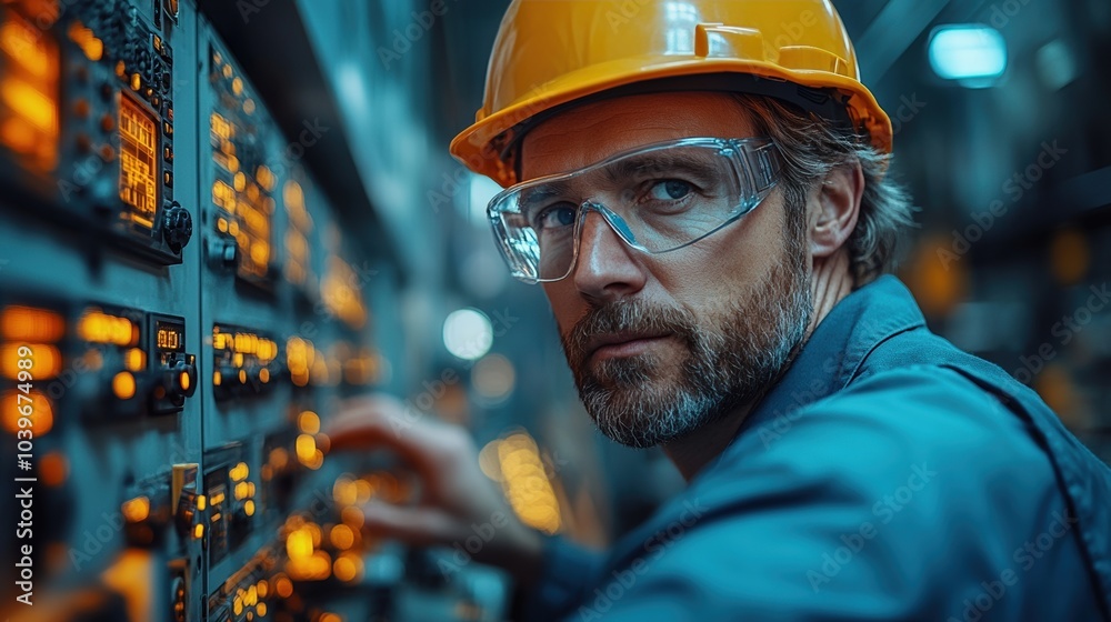 Industrial Worker Operating Control Panel in Factory Industrial Worker Operating Control Panel in Factory