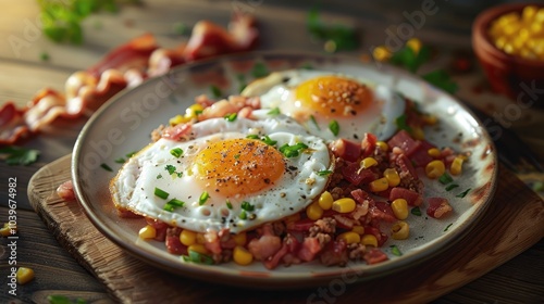 two fried eggs resting on corn beef hash and served with bacon