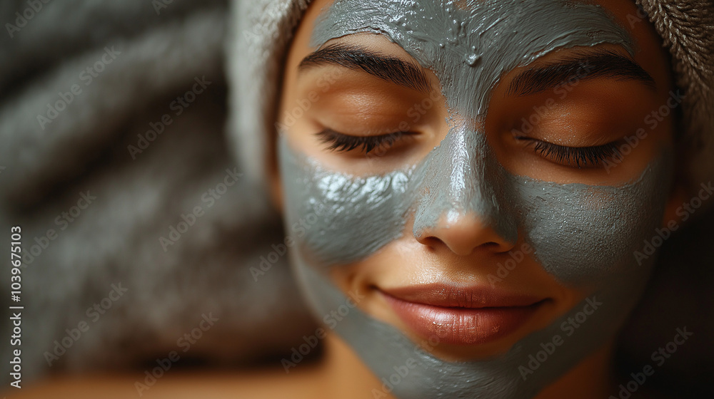 Fototapeta premium Beautiful young Caucasian woman with a natural facial mask on her face lying on the massage table.