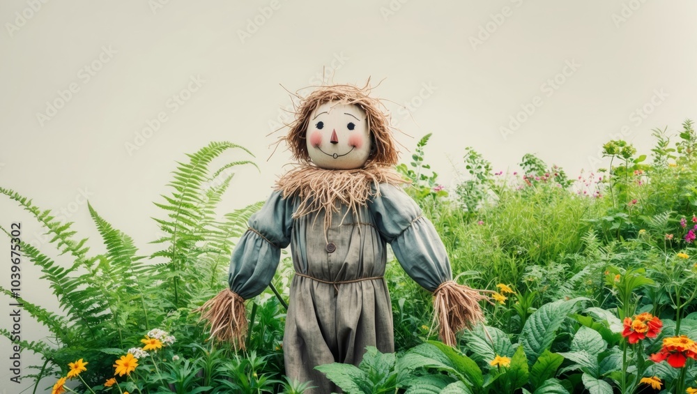 Fototapeta premium Scarecrow positioned in a garden setting.