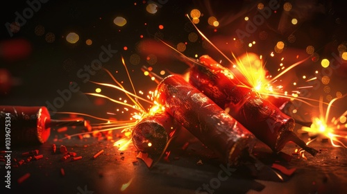 Sticks of dynamite with a sparking fuse of the explosive