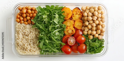 Nutritious balanced meal featuring quinoa, leafy greens, chickpeas, and roasted vegetables for a healthy lifestyle.