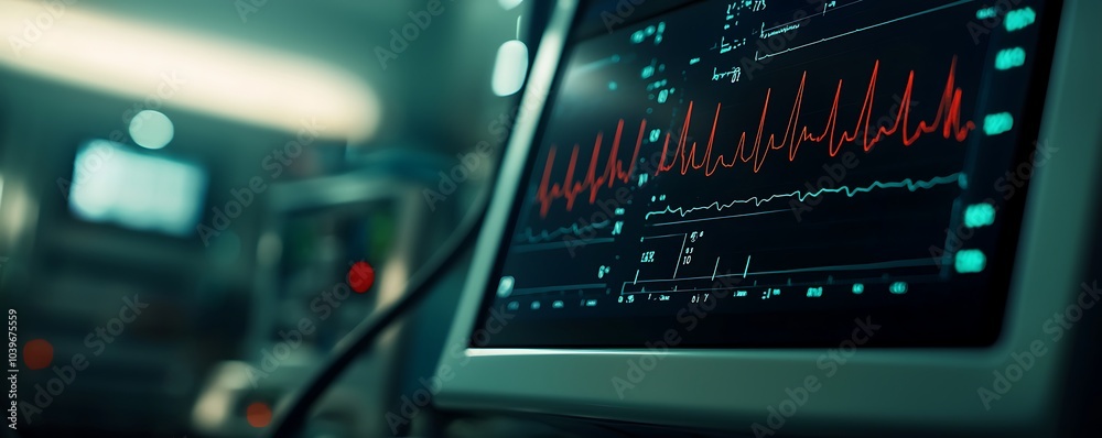 Health check focused close-up of a medical monitor displaying detailed cardiac data.