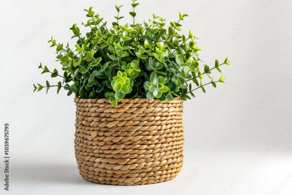 Artificial plant and wicker cushion on white background. Artificial plant and wicker cushion on white background.