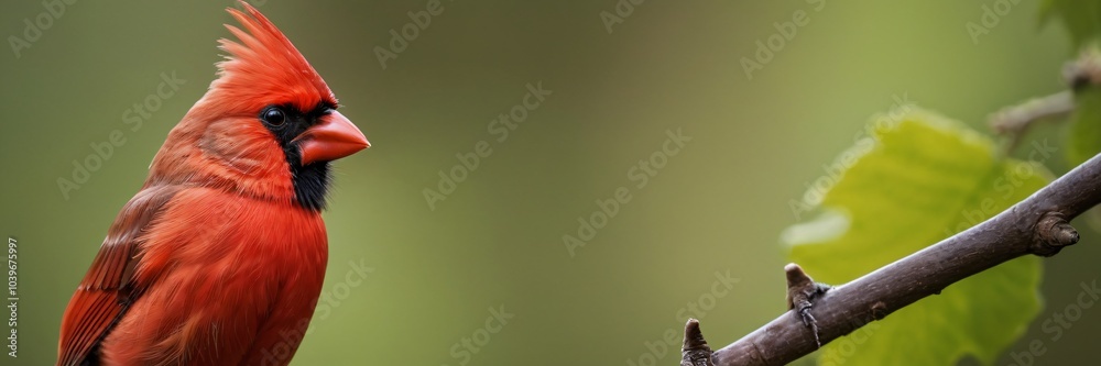 close-up of a red cardinal bird perched on a branch, with a blurred background of soft greens close-up of a red cardinal bird perched on a branch, with a blurred background of soft greens