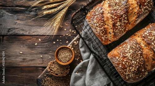 Loaf of homemade whole grain bread with seeds cool down on a wire rack on a wooden table top view flat lay photo