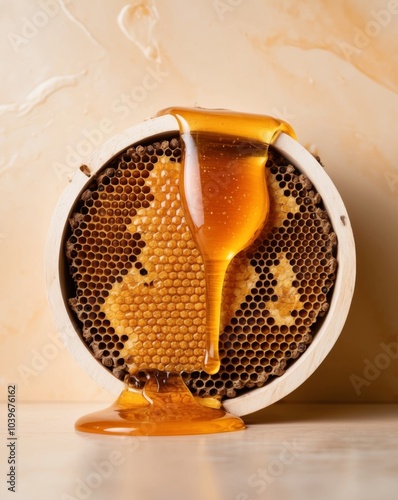 Sweet honey in honeycomb from circular beehive. photo