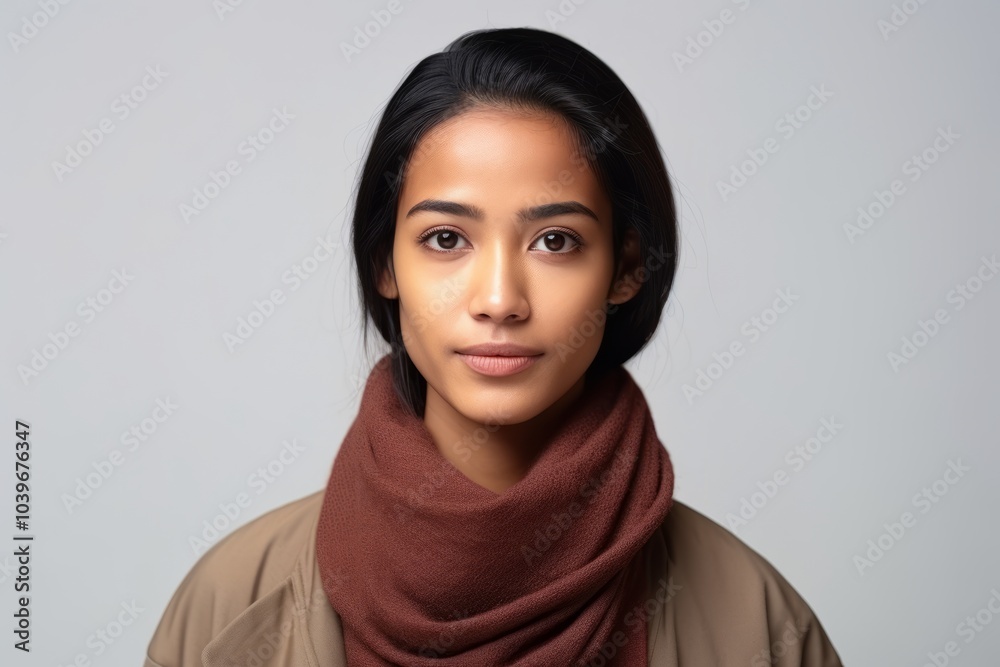 Portrait of a beautiful young asian woman with brown scarf over grey background Portrait of a beautiful young asian woman with brown scarf over grey background