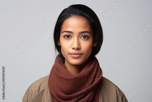 Portrait of a beautiful young asian woman with brown scarf over grey background