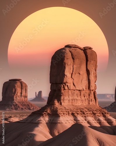 Tall Rock Formations in a Desert Landscape with a Large Yellow Sun. photo