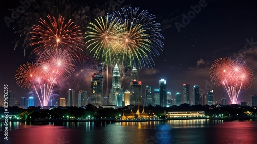 A stunning fireworks display lights up the night sky over a modern city skyline.