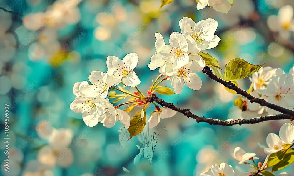 Close-up of delicate white cherry blossoms on a branch with a soft, blue background.