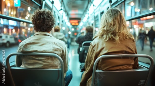 Inside view of a tram with passengers seated calmly, as the city lights blur past, reflecting a quiet journey through a lively urban environment at nighttime.