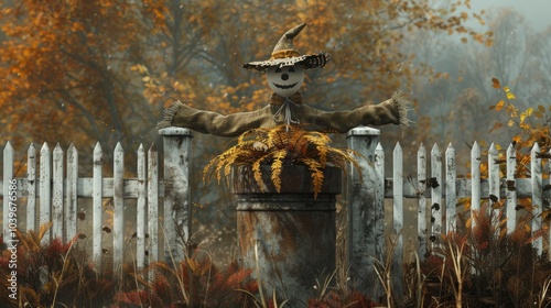 Autumn Scarecrow welcomes visitors with open arms He is perched in a pot sporting an air fern Gate and fence are white picket photo