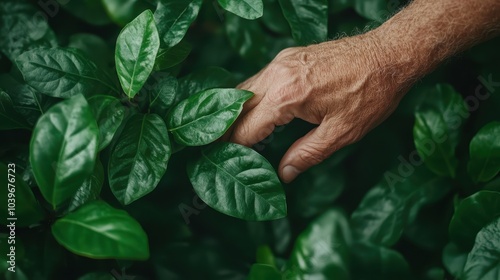 A close-up view captures a hand gently interacting with vibrant green leaves, embodying tenderness and the harmonious relationship between humans and nature's beauty.