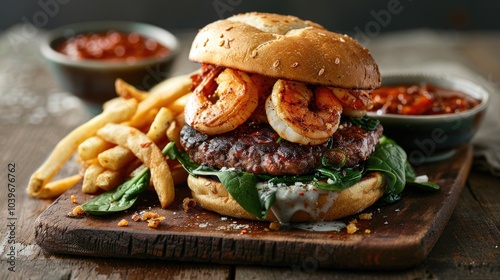 Tasty shrimp and beef burger with artisan bun beef spinach and chipotle dressing with fries on a rustic style board topped with dressing cups photo