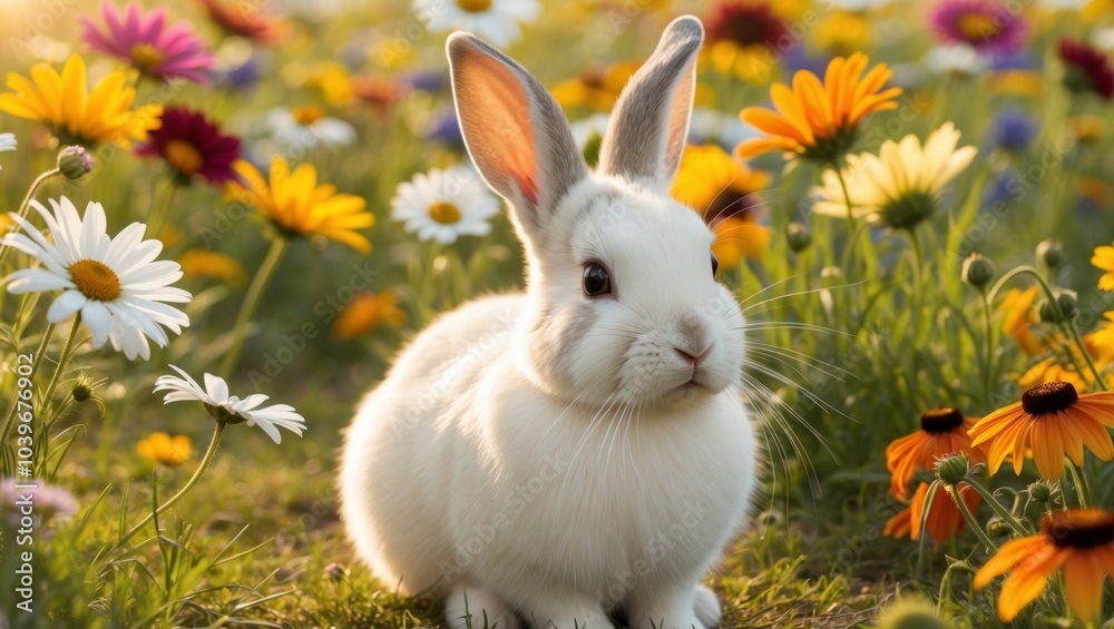 Serene Rabbit in Vibrant Wildflower Meadow Bathing in Soft Sunlight. Serene Rabbit in Vibrant Wildflower Meadow Bathing in Soft Sunlight.
