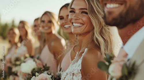 This image shows a happy bride with her friends, sharing a joyful moment on a sunny day, capturing the essence of friendship and celebration in a wedding.