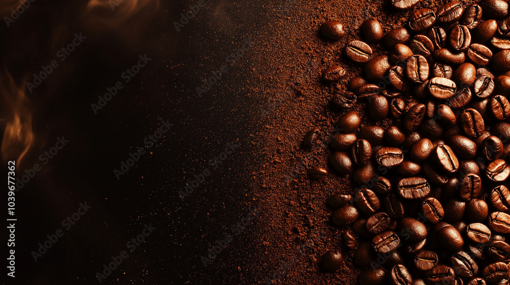 Roasted Coffee Beans with Ground Coffee and Steam Roasted Coffee Beans with Ground Coffee and Steam