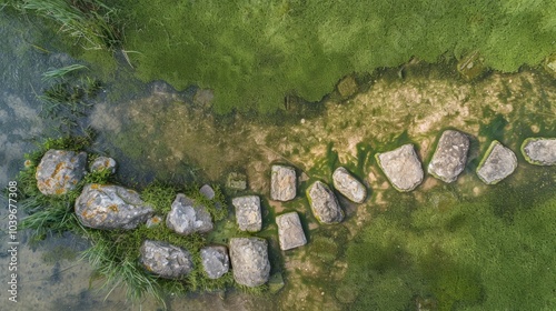 Stepping stones emulating river bed crossing in floodplain grass park field seen from above Aerial top down landscape artistic decoration photo