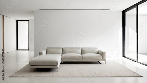 Modern Living Room with Stylish Couch and Rug. photo