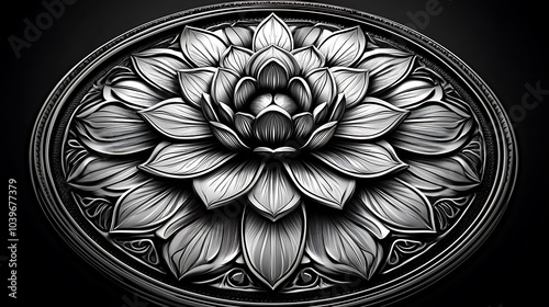 A sleek silver mandala with geometric patterns, shining against a deep matte black background. The contrast between the metallic silver and dark background evokes elegance and sophistication. photo