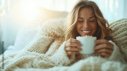 A woman wrapped in a thick knit blanket smiles blissfully while holding a steaming cup, capturing a cozy and serene moment of relaxation and warmth.