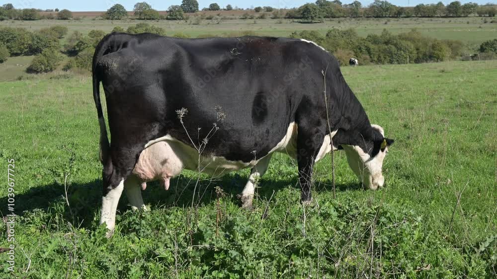 A single cow grazing peacefully in an open, green field. The image captures a calm rural scene under a bright sky, highlighting the simplicity and beauty of nature and farm life A single cow grazing peacefully in an open, green field. The image captures a calm rural scene under a bright sky, highlighting the simplicity and beauty of nature and farm life